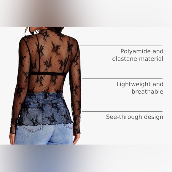 Black Lace Sheer Mesh Top various sizes - Picture 6 of 8